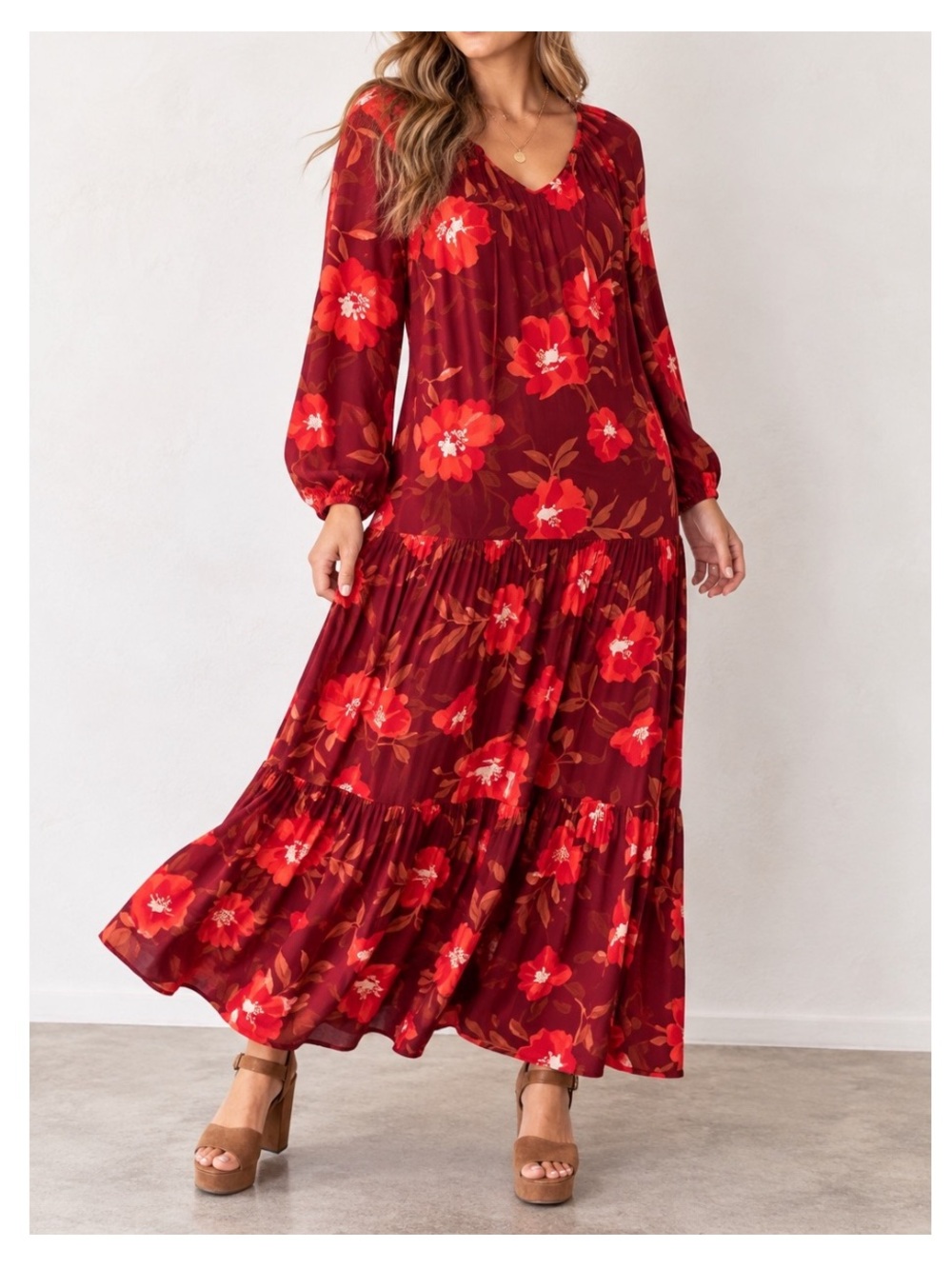 NWT SONOMA Tiered Long Sleeve Maxi Dress in Orange/Red Floral XXL